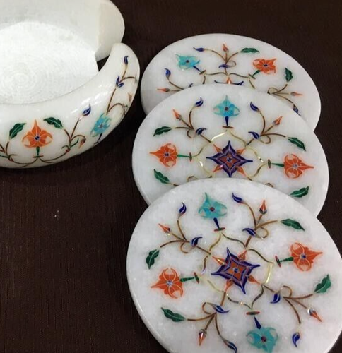 4" Luxury Marble Coaster Set Semi Precious Stone Inlay Art for Office Desk Decor - Picture 4 of 9