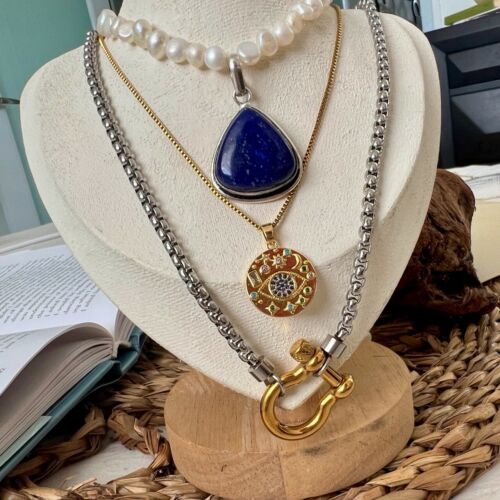 Gold Plated Evil Eye medallion Pendant Necklace stainless steel Womens jewelry - Picture 3 of 11