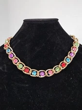 Charming Charlie Large Link & Crystal Stone Necklace Gold Toned