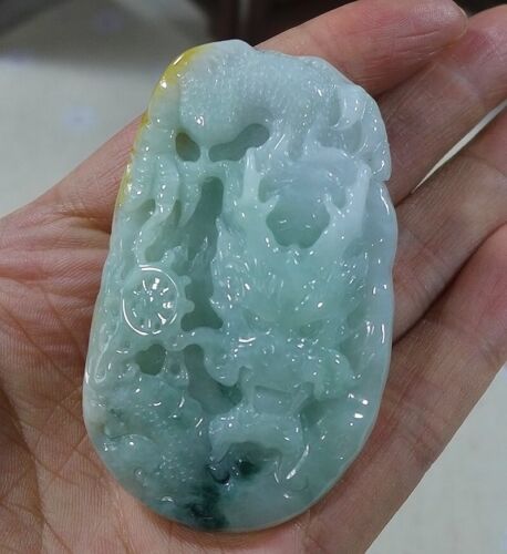 Cert'd Natural Type A Yellow Green Jadeite Jade Vintage Dragon Pendant 8354 - Picture 3 of 8
