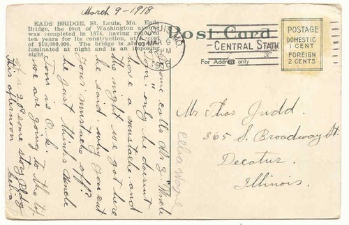 Vintage Postcard - Eads Bridge - Trolleys - St. Louis, MO - Posted - 1918 - GC - Picture 2 of 2