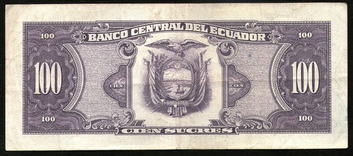 ECUADOR NOTE 20.4.1990 100 SUCRES Serie VZ P#123 - Picture 2 of 2