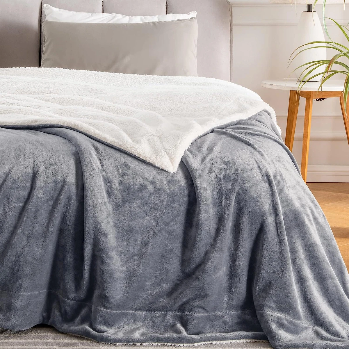 Sherpa Fleece Blanket King Size Grey Thick Warm Blankets for