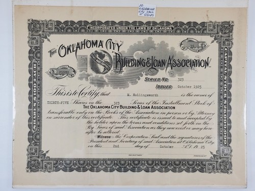 Oklahoma City Building Loan Assoc. Capital Stock Certificate 1925 35 Shares $100