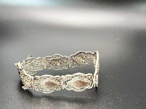 Vintage Linked Panel Bracelet Egyptian  14k GF & Copper filigree 7” Long - Picture 4 of 15