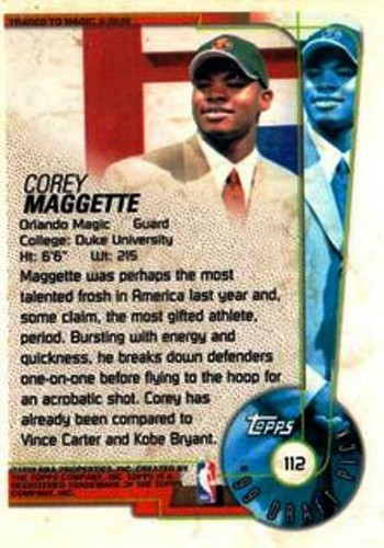 SELECCIÓN DE DRAFT DE BALONCESTO DE LA NBA 1999 TOPPS - ORLANDO MAGIC NOVATO COREY MAGGETTE #112 - Imagen 2 de 2