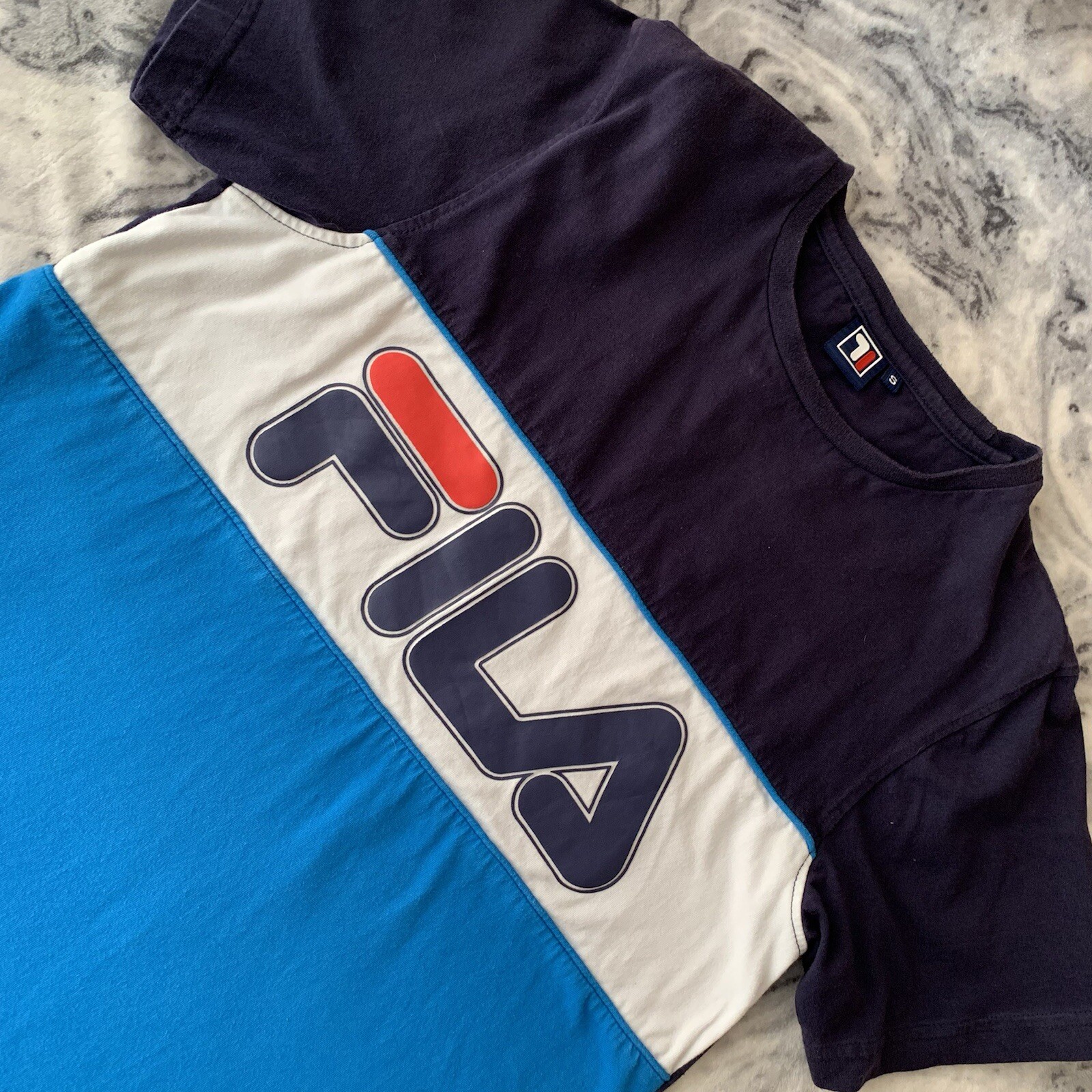 T shirt maglietta Fila uomo retrò Big Spell Out color block blu navy bianca S