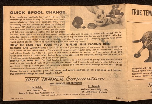 Carrete de pesca True Temper manual de instrucciones vintage no. 410 - Imagen 6 de 10
