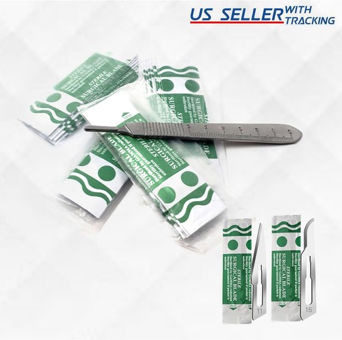 50 STERILE SURGICAL BLADES #11 #15 WITH FREE STAINLESS STEEL SCALPEL HANDLE #3 - Picture 2 of 3