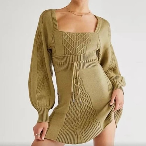 Mini Vestido Suéter Free People Emmaline Tejido Mangas Largas, Oliva Talla-S Nuevo sin Etiquetas - Imagen 6 de 10