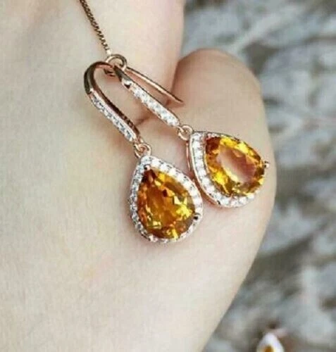 Brincos pendentes de gota de halo citrino amarelo simulado de pera 4 quilates folheados a ouro rosa 14k - Imagem 2 de 4