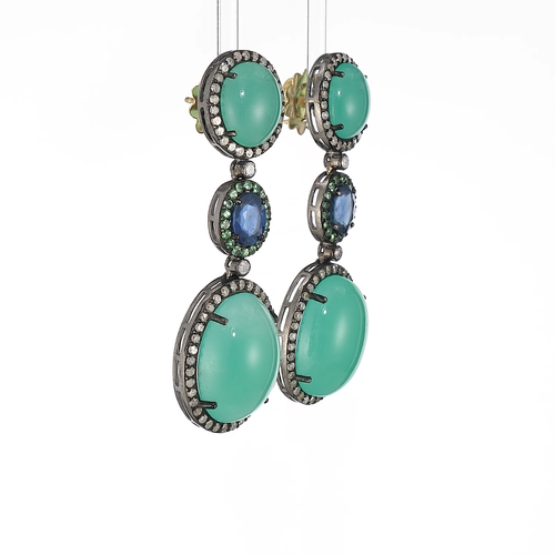 Victorian 31.35 Cttw. Chrysoprase, Blue Sapphire, Tsavorite and Diamond Earrings - Video 1 of 1