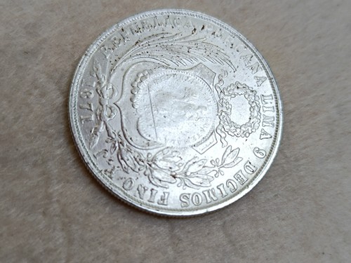 Peru Un Sol .90% Silver Coin AU 1871 Y.J. Mint Rare 1/2 Reale Counterstamp - Picture 7 of 17
