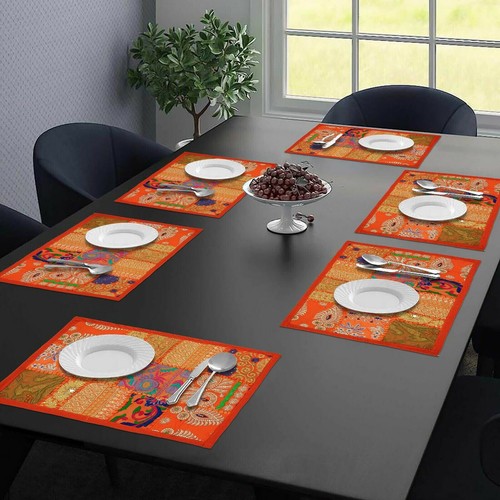 Juego de 6 manteles de mesa indios 100 % algodón manteles de comedor naranja - Imagen 1 de 8