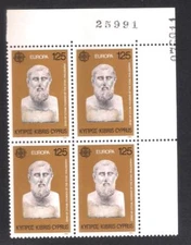 CYPRUS 1980 EUROPA ZENON BLOCK OF 4 with CONTROL NUMBER PRINTED DOUPLE ERROR MNH