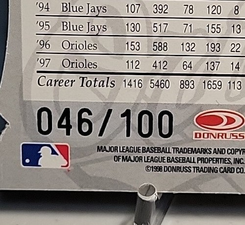 1998 DONRUSS ELITE GOLD STATUS PRESSOFUSO #34 ROBERTO ALOMAR ORIOLI NUMERATI/100 - Foto 3 di 3