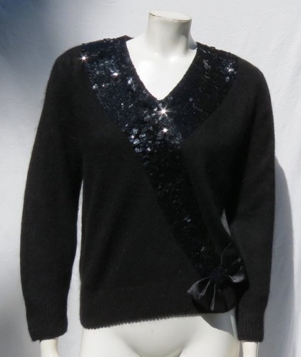 Vtg LE CHOIS US Women’s XS Black Silk Angora Sequin Bow V Neck Sweater Top - Picture 2 of 6