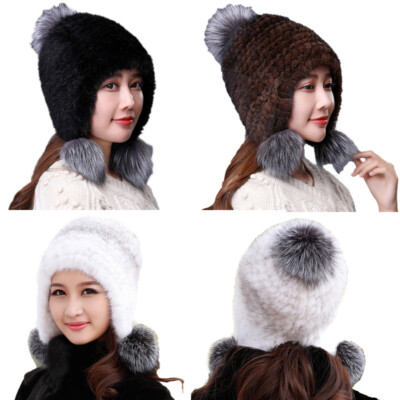 Qhome Women Real Knitted Mink Fur Hats Natural Fur Beanies Cap Hot Sales Winter Fur Hat With Fox Fur Pom Poms Qhome Women Real Knitted Mink Fur Hats Natural Fur Beanies Cap Hot Sales Winter Fur Hat With Fox Fur Pom Poms
