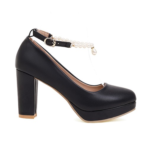 Punta redonda talla grande tacones travesti correa drag queen zapatos negros 40-47 - Imagen 9 de 20