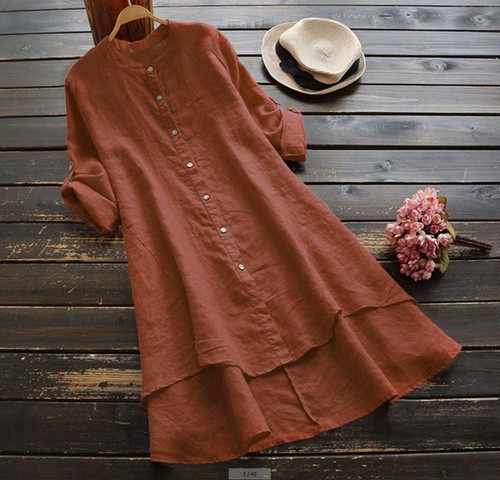 Plus Size Womens Cotton Linen Shirt Dress Ladies Loose Long Tunic Tops Blouse US - Picture 30 of 32