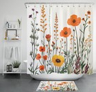 Green Leaf Orange Wildflower Fall Floral Shower Curtain Set for Bathroom Decor