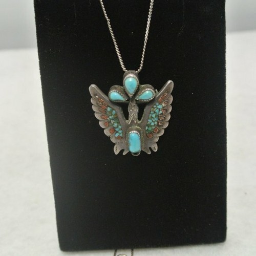 Navajo Turquoise and Coral  Silver eagle Kachina necklace pin - Picture 3 of 8