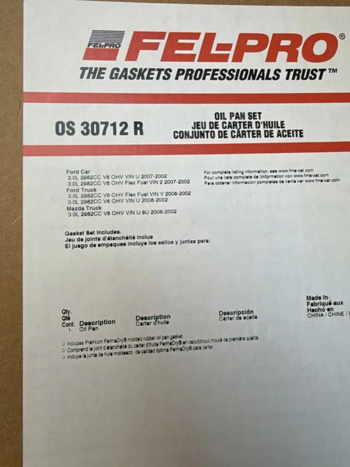 Juego de juntas de cárter de aceite Fel-Pro OS30712R para 02-08 Ranger Taurus 3,0 litros V6 Foto 2 de 2