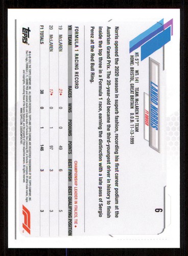 2021 Topps Chrome Formula 1 #6 Lando Norris - Picture 2 of 2