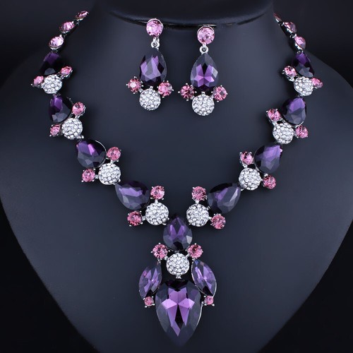 Crystal Necklace Earrings Statement Jewelry Set Bridal Wedding Party Gifts Women - Picture 158 of 336