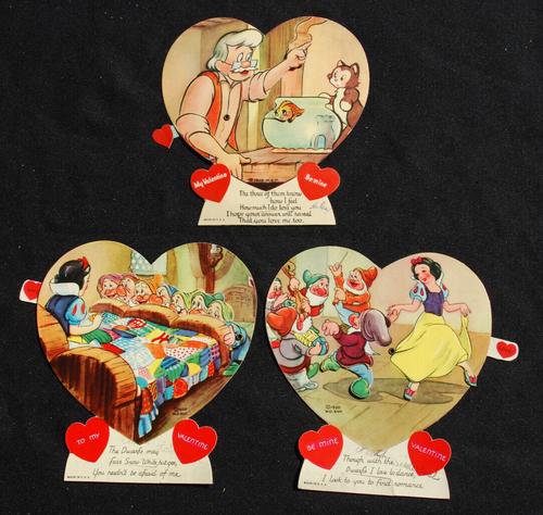 Vintage Disney Valentine 1938 SNOW WHITE & 7 DWARFS & Pinocchio Mechanical Cards - Picture 1 of 6