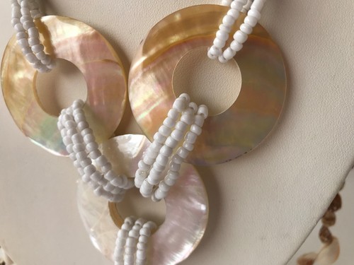 lot 2 vintage nautical sea beach shell wood glass bead pendant tassel necklaces - Picture 7 of 8