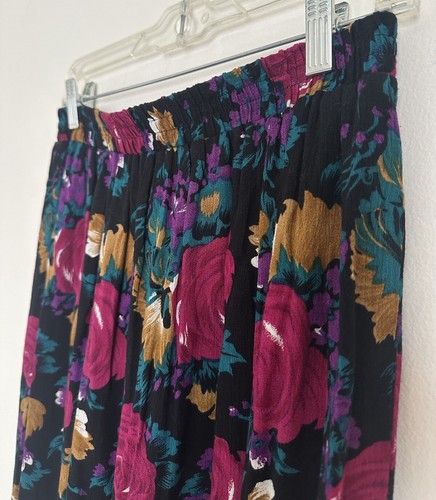 VTG Stephanie Thomas Black Jewel Tone Floral Elastic Waist Pockets Midi Skirt - Picture 3 of 8