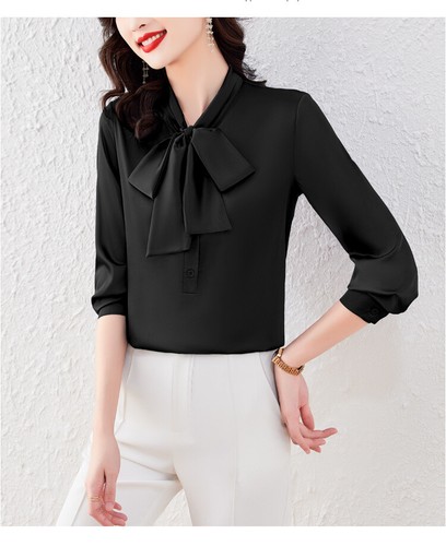 Mujeres Pajarita Manga Larga Satén Camisas Ropa de Trabajo Negocios Oficina Dama Prendas para el torso Blusa - Imagen 8 de 22