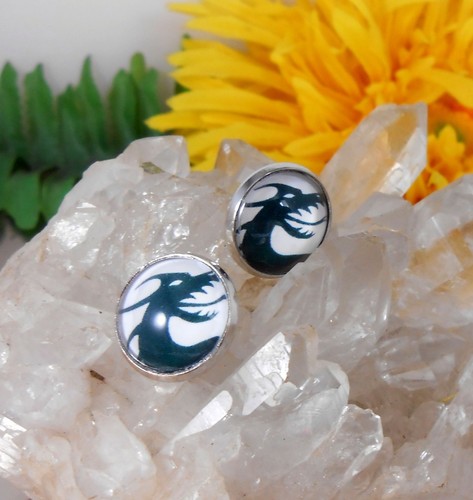 Ohr Stecker 14 mm Cabochon Glas nach Motivwahl schwarz weiss - Bild 14 von 20