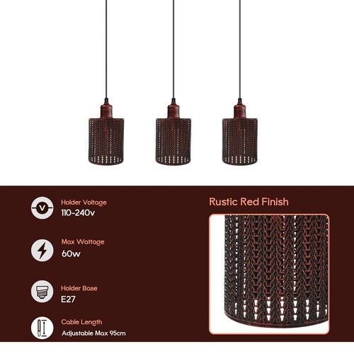 Decken Pendelleuchte Vintage Industrial Rustikal Rot 3 Kopf Reactangle Metall - Bild 5 von 5