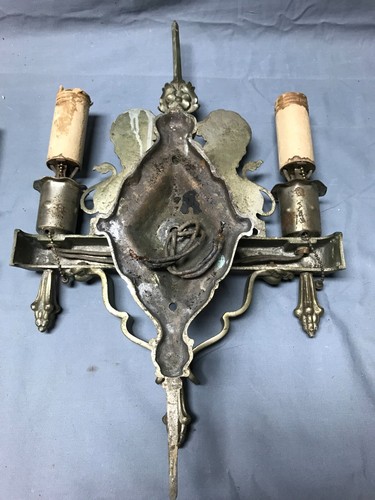 Antique VTG Pair Nickel Heavy Brass Interior Double Wall Lions Sconces 908-22B - 第 9/11 張圖片