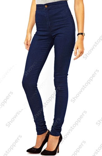 hoher Bund Rohr Jeans Damen dehnbar blau denim skinny fit Disco Hose 6 bis 14 - Bild 7 von 9