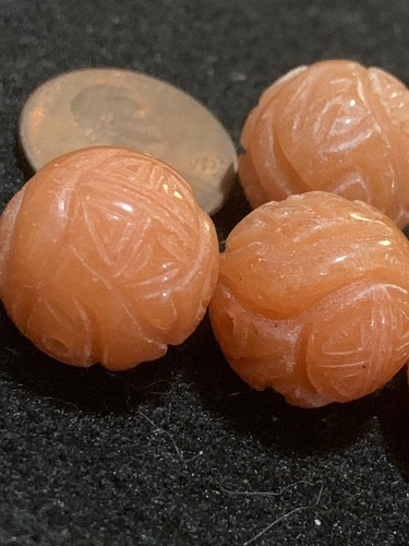 One Vintage Carved Chinese Bead Peach Aventurine Gemstone Round Shou Design 16mm - Picture 4 of 6