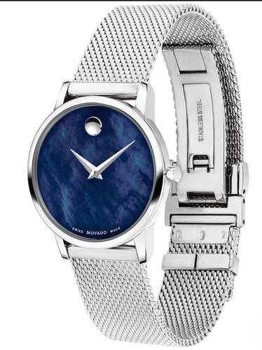 Ladies Movado Museum Blue Mother Of Pearl Dial Steel Mesh Bracelet Watch 0607425 - Picture 2 of 5