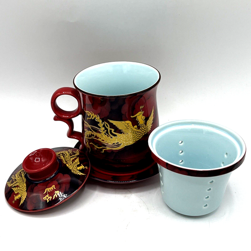 Phoenix Chinese Dragon Tea Mug Lid Infuser And Saucer Red Gold Trim Porcelain - Picture 2 of 10