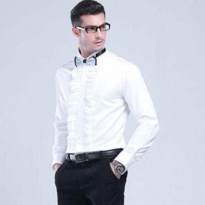 Mens Cotton Wing Collar White Ruffled Front Slim Base Shirt Formal Dress Blouse