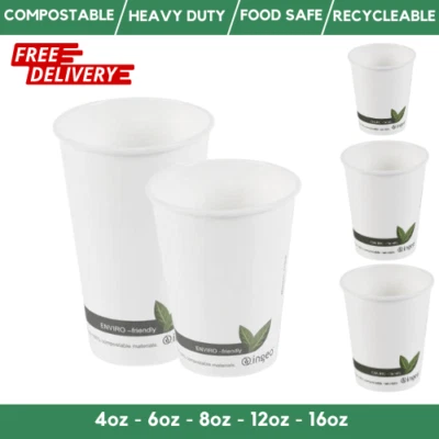 Compostable Coffee Cups & Lids 100% Biodegradable Disposable White Paper Cups