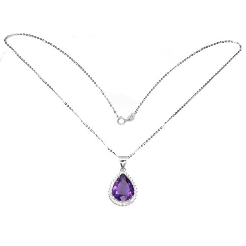 925 Argento Sterling Collana Pera Ametista 16x12mm Bianco Zircone Gemma Gioielli - Foto 3 di 14