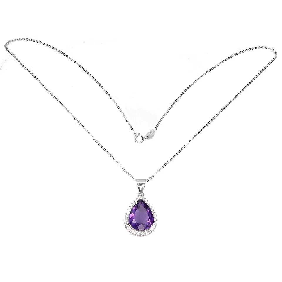 925 Argento Sterling Collana Pera Ametista 16x12mm Bianco Zircone Gemma Gioielli - Immagine 3 di 4