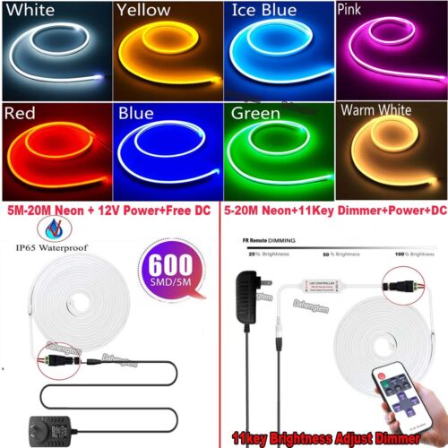 1M 5M 20M LED Strip Neon Rope Lights Dimmable Waterproof Flex 12V Tube Bar Sign - Picture 22 of 41