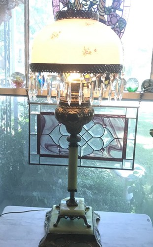 Antique Onyx Base Brass Font Parlor Lamp Glass Shade Prisms 36” Tall  - Picture 6 of 21