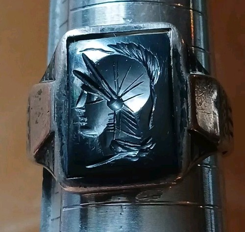 Mens Ring Sz12 Intaglio Stone Sterling. 10k Gold Accents Gladiator Roman Soilder - Picture 3 of 9