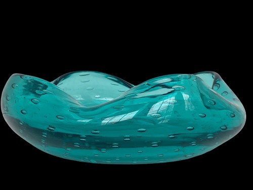 Aqua Blue Glass Bowl Art Controlled Bubbles Bullicante Key Decorative 9” Wide - Picture 8 of 16
