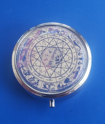 Vintage Silver Tone Zodiac / Astrology Pill Box  - Picture 1 of 6