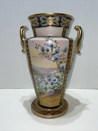 Antike 11 1/2" japanische Nippon Porzellan handbemalte malerische Vase, um 1920 - Bild 1 von 5